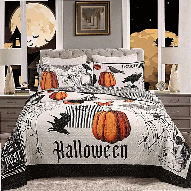 3 Pcs Halloween Themed Quilt Bedspread Set - Cozy and Spooky Pumpkin and Ghost P