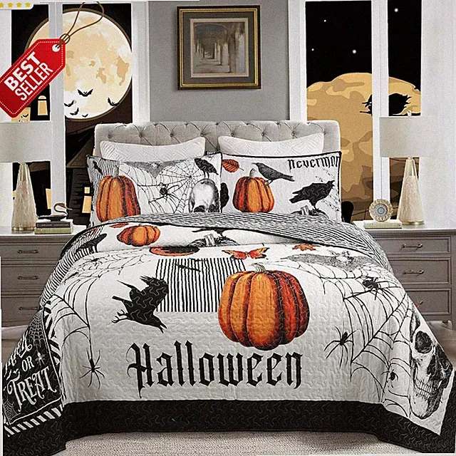 3 Piece Halloween Quilt Bedspread Set King Pumpkin Ghost Pattern US