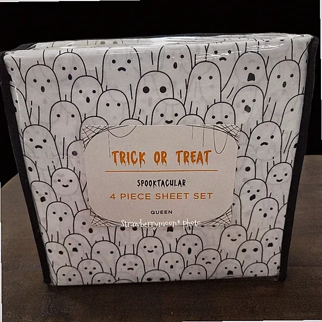 4pc Queen Bed Ghost Halloween Sheet Set Decor Black White Trick Or Treat New