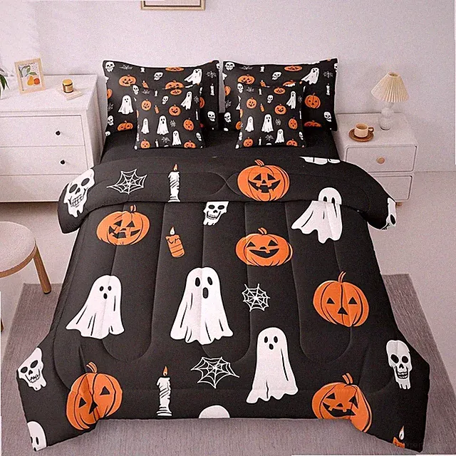 7 Piece Ghosts & Pumpkins Comforter Set with Sheets Queen Size