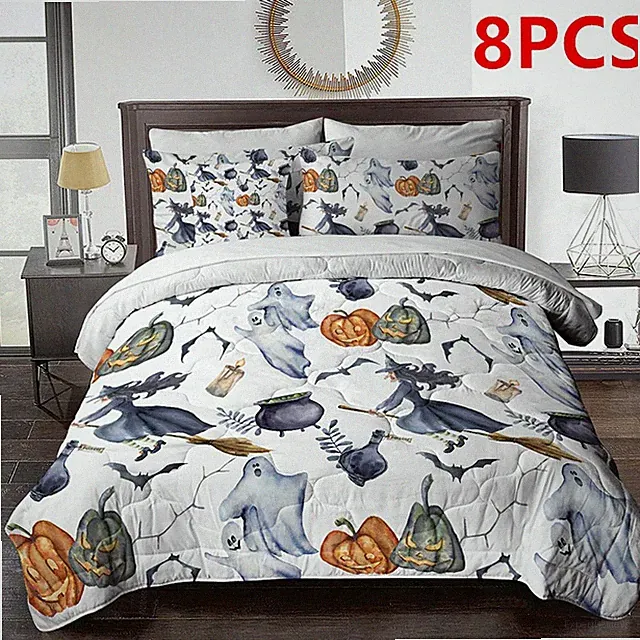 8PCS Soft Halloween Duvet Cover Set BlessLiving Witch Bedding Set All Season Bed