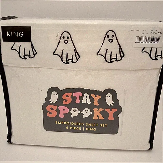 Artisan Home King Size 6 Piece Embroidered Sheet Set White Ghost Halloween