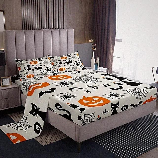 Black Cat Halloween Decorations Sheets Set Queen Size Pumpkin Ghost Queen size