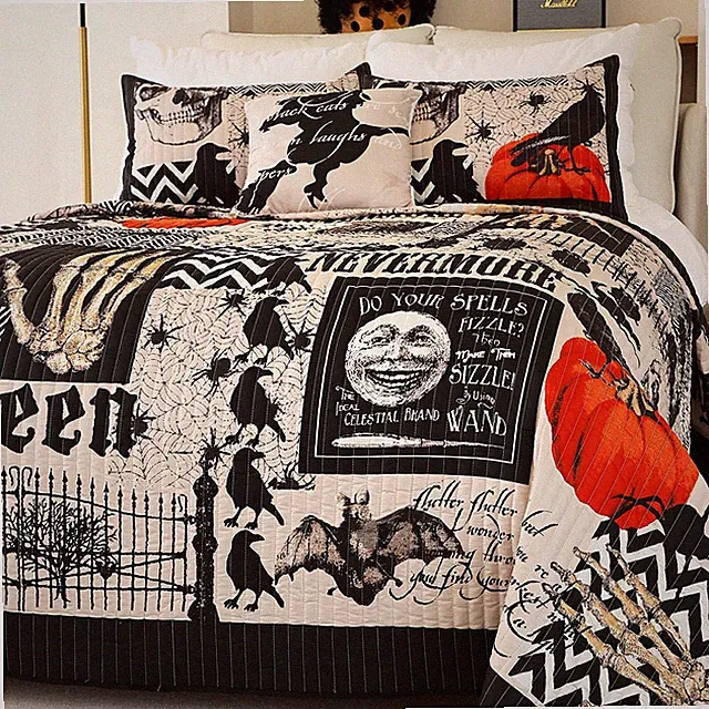 Cmfshape Halloween Bedspread,Black Quilt Set Queen Size,Pumpkin Ghost Festiva...