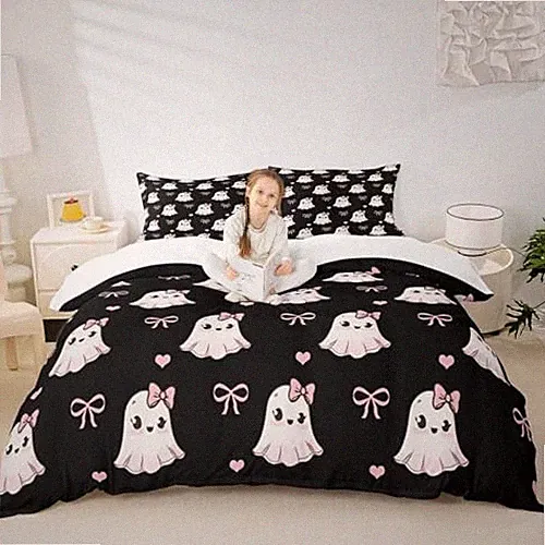 Cute Ghosts Duvet Cover Set Queen Size, Pink Bowknot Queen(no comforter) Black