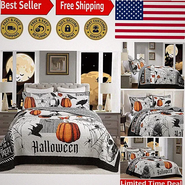 Elegant 3-Pc Queen Size Halloween Quilt Set - Non-Fading Pumpkin & Ghost Design
