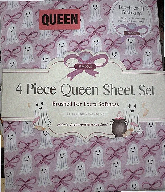 Envogue Queen Sheet Set Halloween Pink Bows & Ghost Print - Brushed for Softness