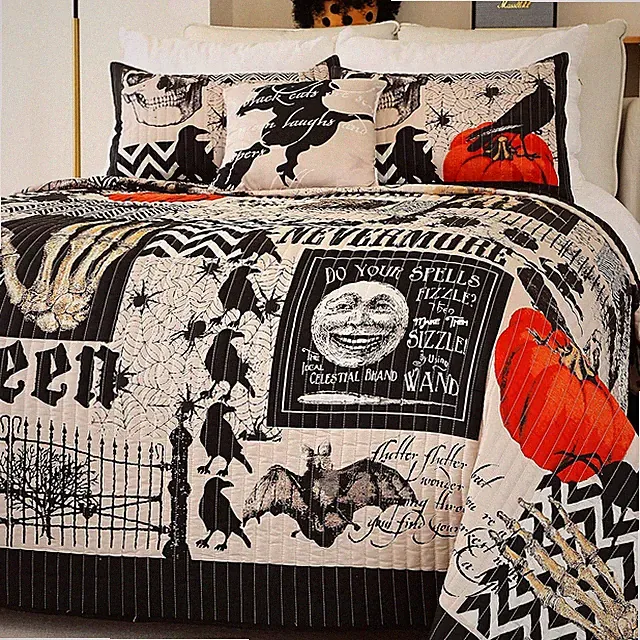 Halloween Bedspread,Black Quilt Set King Size,Pumpkin Ghost Festival Themed Bedd