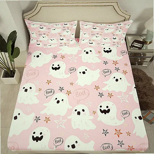 Halloween Fitted Sheet Ghost Pink Twin Size Bedding Set Decoration for Kids Boys
