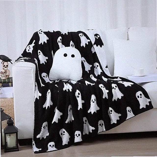 Halloween Ghost Throw Blankets Pillow Set Include Double Sided Spooky Black and