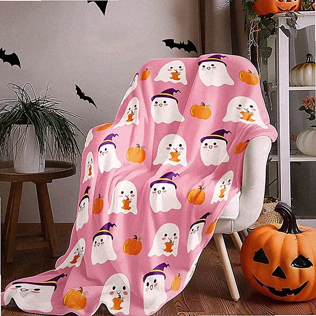 Halloween Pink Flannel Blanket, 60 X 50 Inch Ghost Pumpkin Throw Blanket Lightwe