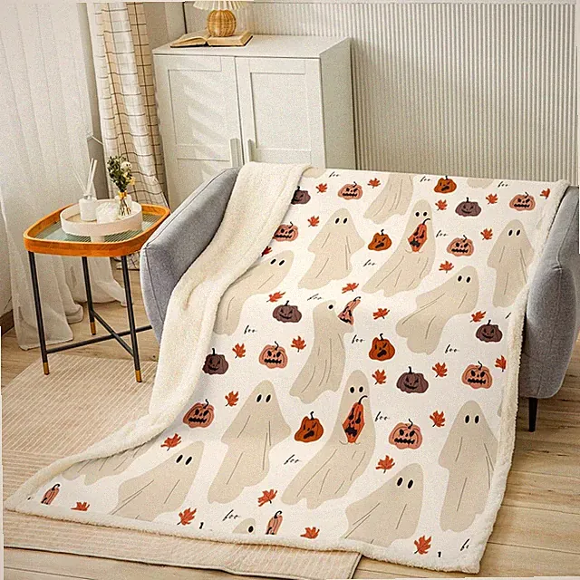 Halloween Pumpkin Bed Blanket Kids Girls Cartoon Ghost Sherpa Blanket Soft Co...