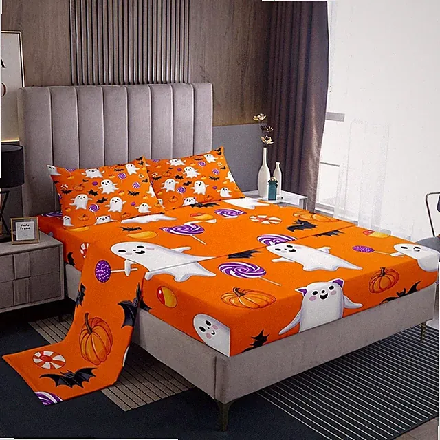 Happy Halloween Bed Sheets Sets Queen Size Cute Ghost Pumpkin Pattern