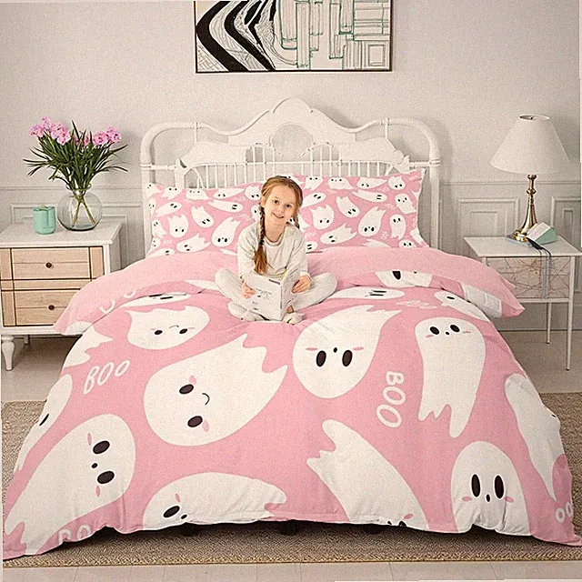 Happy Halloween Bedding Set King Size Cartoon Ghost Pink White Duvet Cover wi...