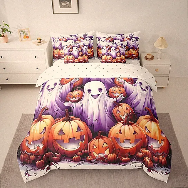 Kids Halloween Theme Comforter Set 7 Pieces,3D Ghost Pumpink Halloween Bed Set,G
