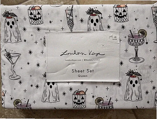 London Kaye ~HALLOWEEN~ QUEEN SHEET SET ~ MARTINI Pumpkin GHOST JACK-O-LANTERN