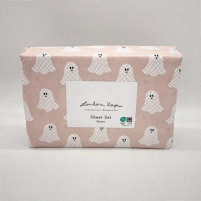 London Kaye Pink & White Checkered Ghost QUEEN Size Halloween Sheet Set New