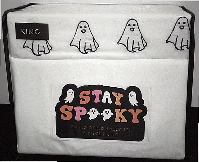 NEW HALLOWEEN GHOSTS KING WHITE 6 PC SHEET SET EMBROIDERED PILLOWCASES