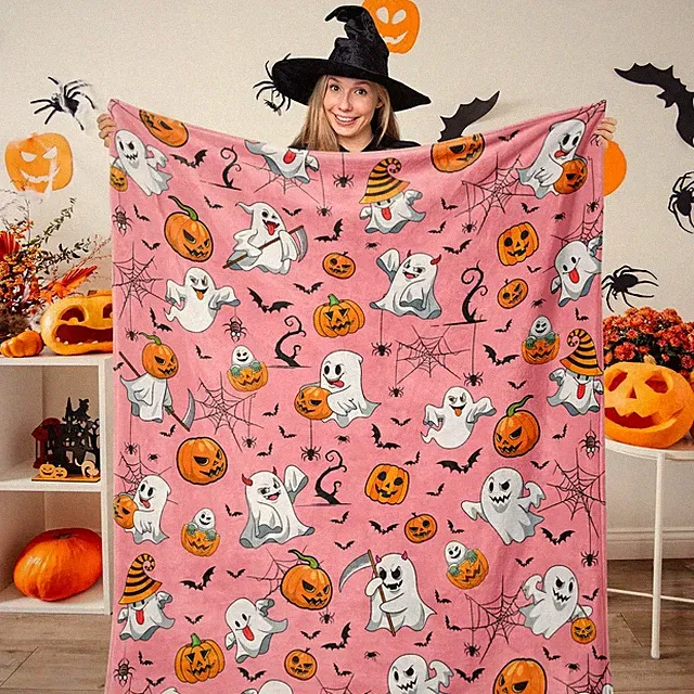 Pink Halloween Throw Blanket 50"x60", Cute Ghost Blanket for Girls Kids Soft Fla