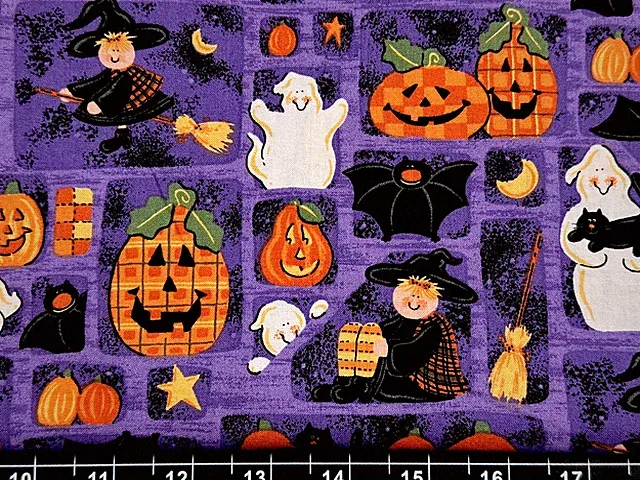 Tina SCRAP 9"x21" Halloween Black Cat Ghost Pumpkin Blocks Star Cotton Fabric