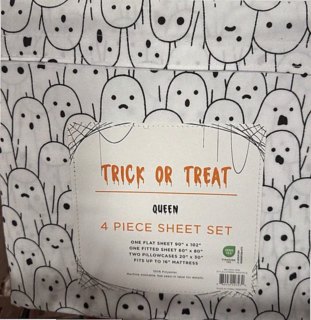 Trick or Treat Ghosts QUEEN Size Sheet Set Black White Halloween Spooky Ghost